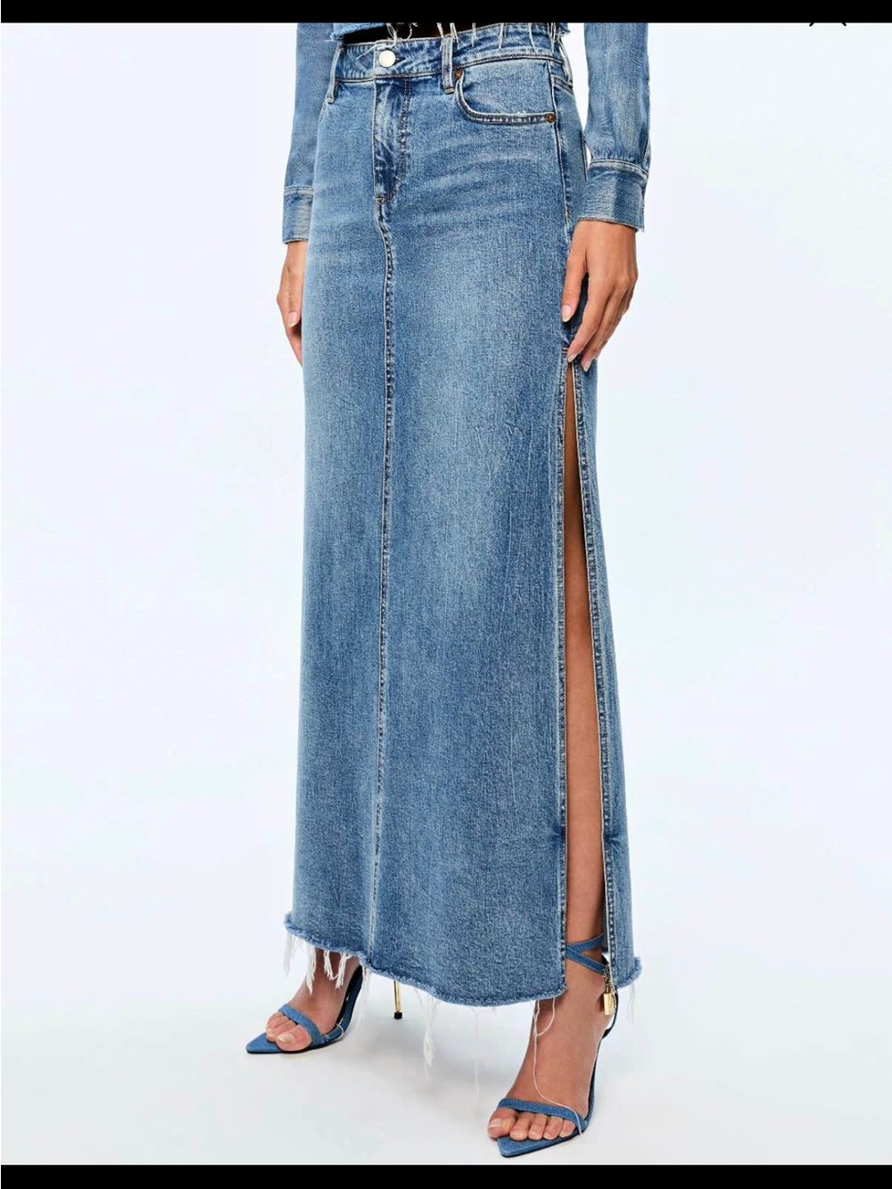 Alice + Olivia Blue Denim Maxi Skirt with High Side Slit